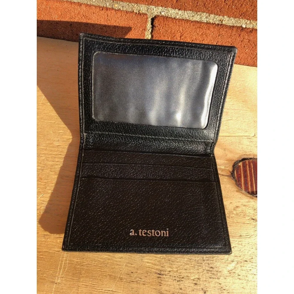 A. testoni men textile leather card wallet black and brown t logo